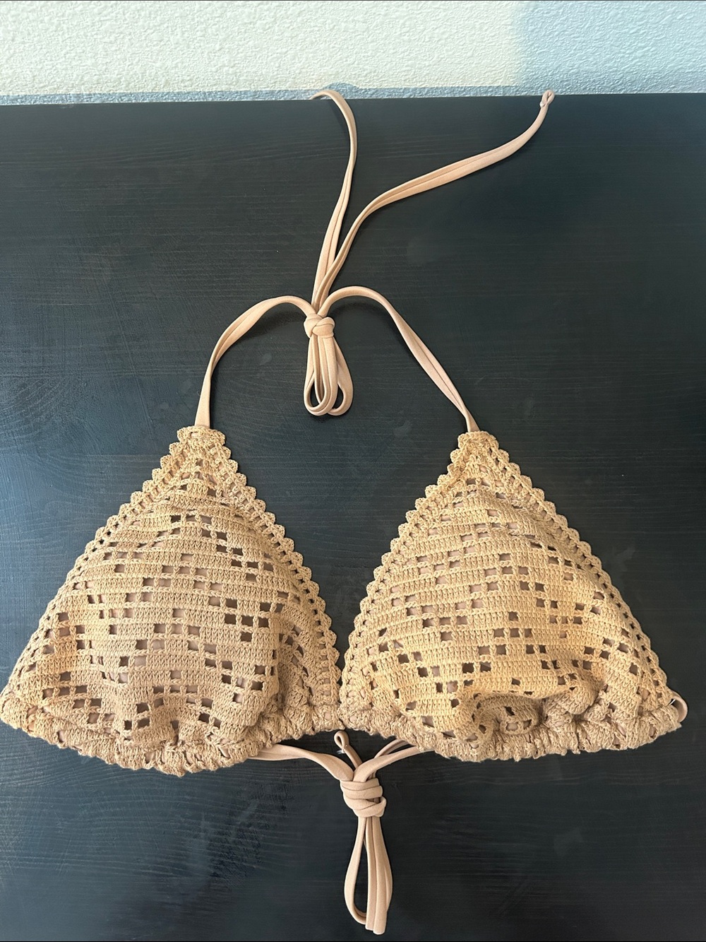 Shade & Shore Tan Crochet Triangle Bikini Top